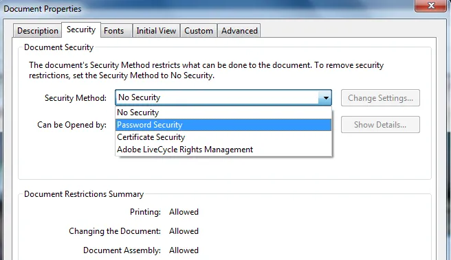 Password Settings Adobe Acrobat