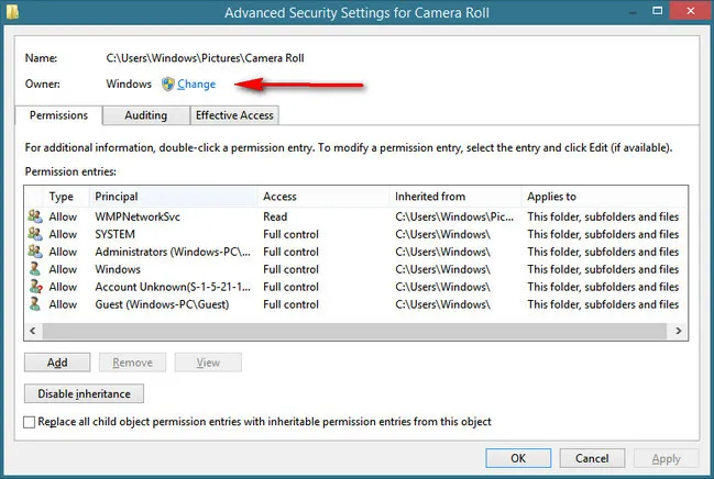 change folder permsission Windows 10