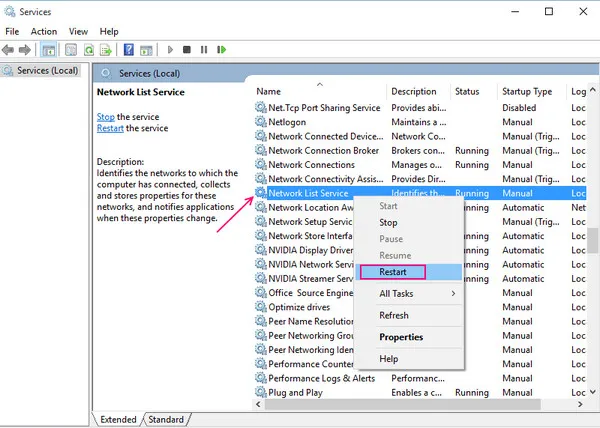 restart network list service