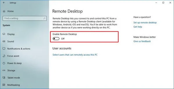 enable remote desktop on windows 10